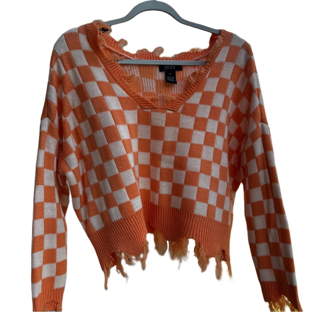 Just Polly - Checkered Print Drop - Shoulder Distressed - Edge Sweater